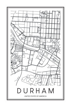 Printable downtown road map poster of the USA city of DURHAM on solid white background with city name