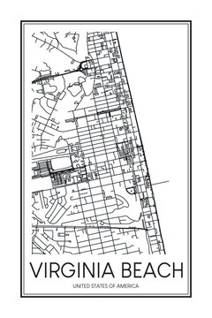 Printable downtown road map poster of the USA city of VIRGINIA BEACH on solid white background with city name