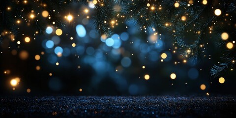 Wall Mural - A dark background with a bright blue sky and a tree with twinkling lights