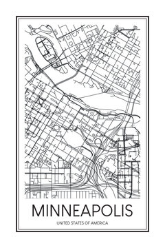 Printable downtown road map poster of the USA city of MINNEAPOLIS on solid white background with city name