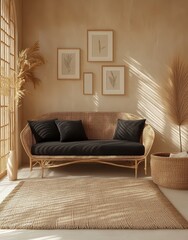 Wall Mural - Beige and brown rug in a sunlit room with a woven sofa and black cushions, complemented by framed artwork and plants. Soft natural light creates a