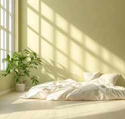 Wall Mural - Sunlight streams into a minimalist bedroom, illuminating white bedding on a light wood floor. A potted green plant adds a touch of nature to the