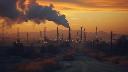 Leinwandbilder - Dark smoke billows from multiple smokestacks, contrasting against a colorful sunset sky. An industrial facility stands in the background amidst an unpaved road and mountains.