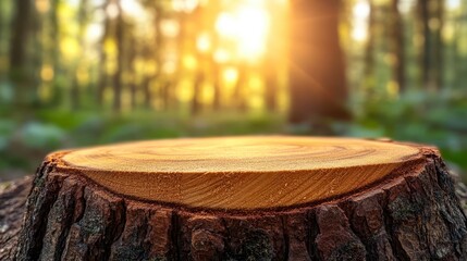 Canvas Print - Close up view of a tree stump in a sun drenched forest. The stump is light brown with a darker brown base, providing a natural display surface. The