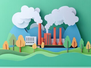 Poster - Paper art representation of a factory with intricate details and creative design elements