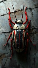 Poster - Hyperrealistic insectlike creature with red claws and a striped black and white thorax Its neonlit body casts eerie shadows against a cracked stone wall barbed wire scattered on the reflective ground