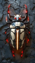 Poster - Hyperrealistic insectlike creature with red claws and a striped black and white thorax Its neonlit body casts eerie shadows against a cracked stone wall barbed wire scattered on the reflective ground
