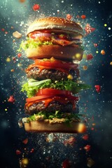 Sticker - Triple decker hamburger with juicy beef patties, fresh lettuce, tomato, onion, and sauce, exploding with ingredients against a dark background. High