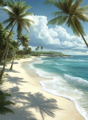 Wall Mural - Serene tropical beach scene with palm trees, white sand, and turquoise water under a partly cloudy sky. Shadows from palm trees stretch across the