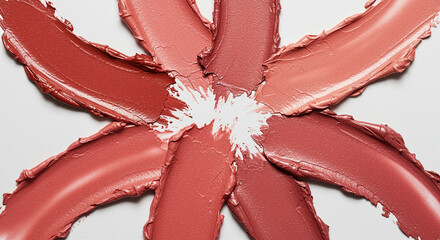 Poster - Lipstick paint strokes texture on white background. Different shades of lipstick paint strokes creating flower shape