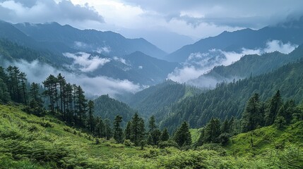 Poster - Tall trees line the slopes of a breathtaking mountain range where mist drifts lazily through the valleys. The fog creates a mystical ambiance, enhancing the beauty of this remote natural landscape