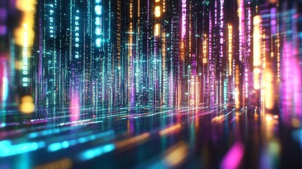 Fototapete - Dynamic neon data streams create a vibrant visual landscape in a digital environment