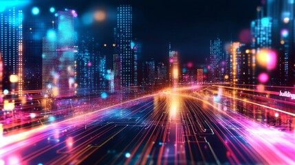 Poster - Vibrant cityscape with neon lights and futuristic skyline in 4K resolution