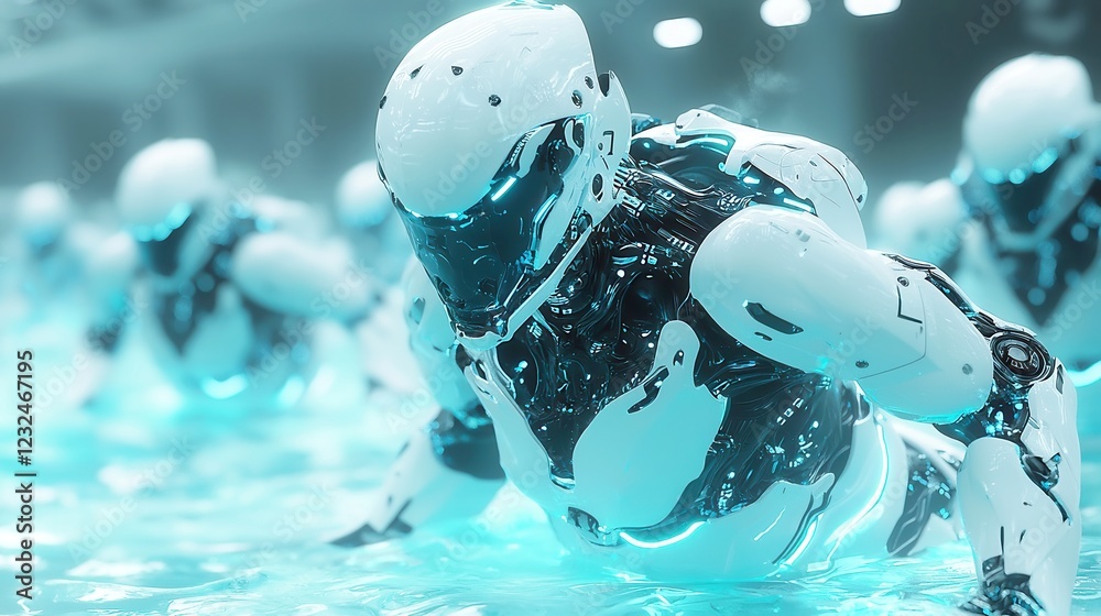 Robotics Rugby Underwater Rugby Robots in Futuristic Arena, AI-driven machines engage ...