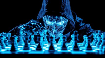 Poster - Cybernetic Chess Grandmaster in Contemplation, glowing circuits analyze strategies, surrounded by an open space, embodying the fusion of technology and intellect.