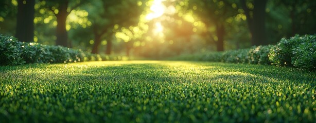 A sweeping view of a green grass field, blue sky adorned with clouds, and blurred trees in the background, highlighting a serene spring and summer meadow