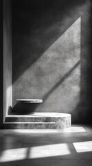 Aufkleber - A minimalist podium rests in a quiet, softly lit room where light streaks through tall windows, casting dramatic shadows on textured walls, creating a peaceful atmosphere for creativity