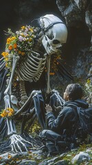 Poster - Hyperrealistic painting of a skeletal figure with expansive wings whispering to a seated individual adorned with a floral wreath A smaller figure watches in fear illuminated by subtle highlights