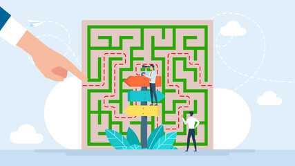 Find the way and right solution for exit. Way choosing, Complicated decision concept with confused business people stand at road pointer. Labyrinth entrance. Hard directions. Flat illustration