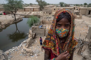 A young girl in colorful attire stands near a water body, surrounded by a rural village, highlighting the contrast between nature and her environment.