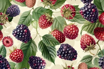 Poster - Seamless pattern featuring detailed raspberries and blackberries with lush green leaves, creating a vibrant and appetizing design