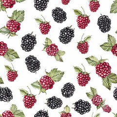 Poster - hand drawn watercolor seamless pattern with ripe raspberries and blackberries with leaves on white b