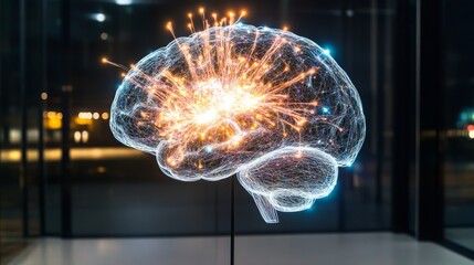 Poster - Captivating visualization of a glowing brain model with sparks illustrating neural activity at night