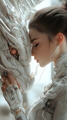 Fototapete - Hyperrealistic scene featuring woman delicate features in an intricate cyber outfit gently interacting with a cybernetic white Chinese dragon emphasizing the fusion of organic and mechanical textures
