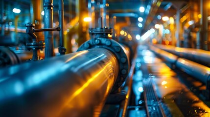Poster - This setting highlights metal pipelines arranged in a manufacturing environment, with warm lighting illuminating the area, creating a vibrant atmosphere.