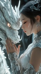 Poster - Hyperrealistic scene featuring woman delicate features in an intricate cyber outfit gently interacting with a cybernetic white Chinese dragon emphasizing the fusion of organic and mechanical textures