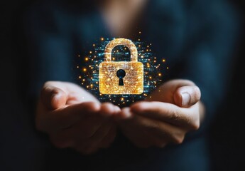 Poster - Close up of hands gently cradling a glowing golden digital padlock, dark background. The padlock is composed of shimmering particles, creating a