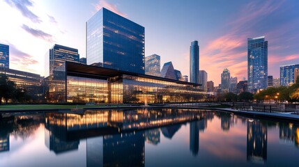 Poster - Impressive city skyline at sunset reflecting on calm water surface in urban park setting