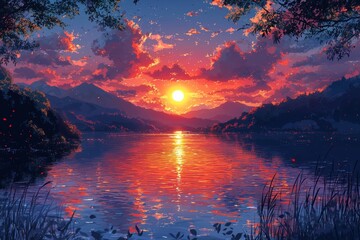Wall Mural - stock fantasy scene with a lake and mountains, capturing the serene beauty of a sunset