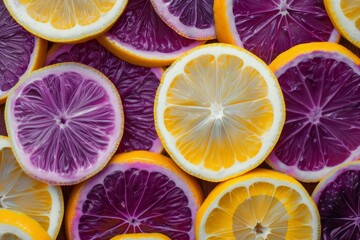 Poster - colorful lemon slices arranged on a surface, showcasing a vibrant mix of yellow and purple hues