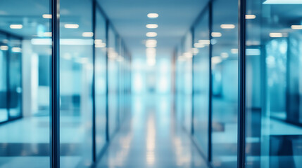 Wall Mural - Abstract blurred office interior room. blurry working space with defocused effect clean modern and elegant interior design of a hospital or business office hallway with bright luminous lighting  