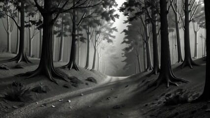 Fototapete - A forest with a road in the middle. The road is surrounded by trees. The trees are tall and dark