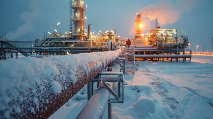 Poster - Rust colored pipes are covered in fresh snow at an energy production facility in winter. Bright lights illuminate the area, showcasing complex machinery against a twilight sky.