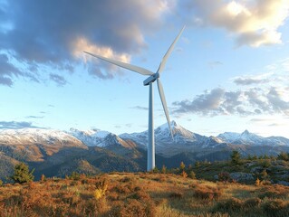 Wind turbine on a hill with mountain range in the background under a clear blue sky