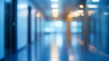 Wall Mural - Modern bright office hallway with large windows and shiny floor empty modern office hallway with large windows cityscape view. Clean shiny floor reflects light.
