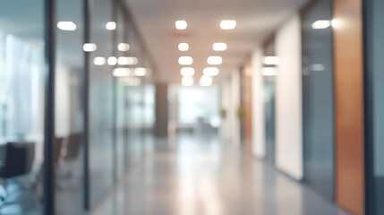 Wall Mural - Modern bright office hallway with large windows and shiny floor empty modern office hallway with large windows cityscape view. Clean shiny floor reflects light.
