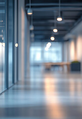 Wall Mural - Modern office hallway with shiny floor and large windows blurred office interior background with a blurry modern white and glass business space

