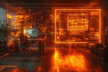 Poster - Room interior with computer and multiple orange lights creating a cozy atmosphere for work or relaxation
