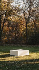 Poster - A striking white podium rests on a lush green lawn, framed by trees dressed in vibrant autumn colors. Golden hour casts a warm glow, enhancing the serene atmosphere