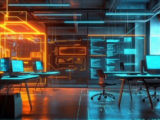Poster - Modern office room featuring a desk chairs computer and natural light from large windows