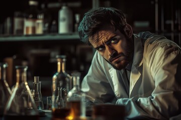 Poster - Chemist focused on experiments in a dark laboratory with various glassware