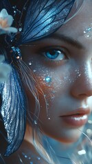 Poster - Hyperdetailed closeup of a beautiful female fairy in her larval form gracefully unfolding from a luminous blue bejeweled cocoon surrounded by glistening petals and soft ambient light