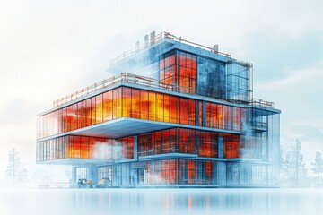 Poster - Modern commercial building with numerous large windows on a sunny day in an urban environment
