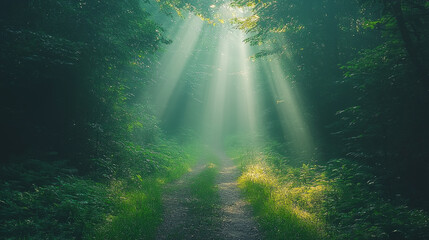 Poster - Winding through a dense forest, a misty path catches soft sunlight as it streams through the trees, creating an enchanting and tranquil environment perfect for exploration and reflection