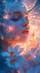 Poster - hyperdetailed closeup of a beautiful female fairy in her larval form gracefully unfolding from a lum