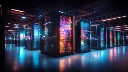 Poster - Advanced AI data center with glowing servers illuminated in blue and orange hues during nighttime